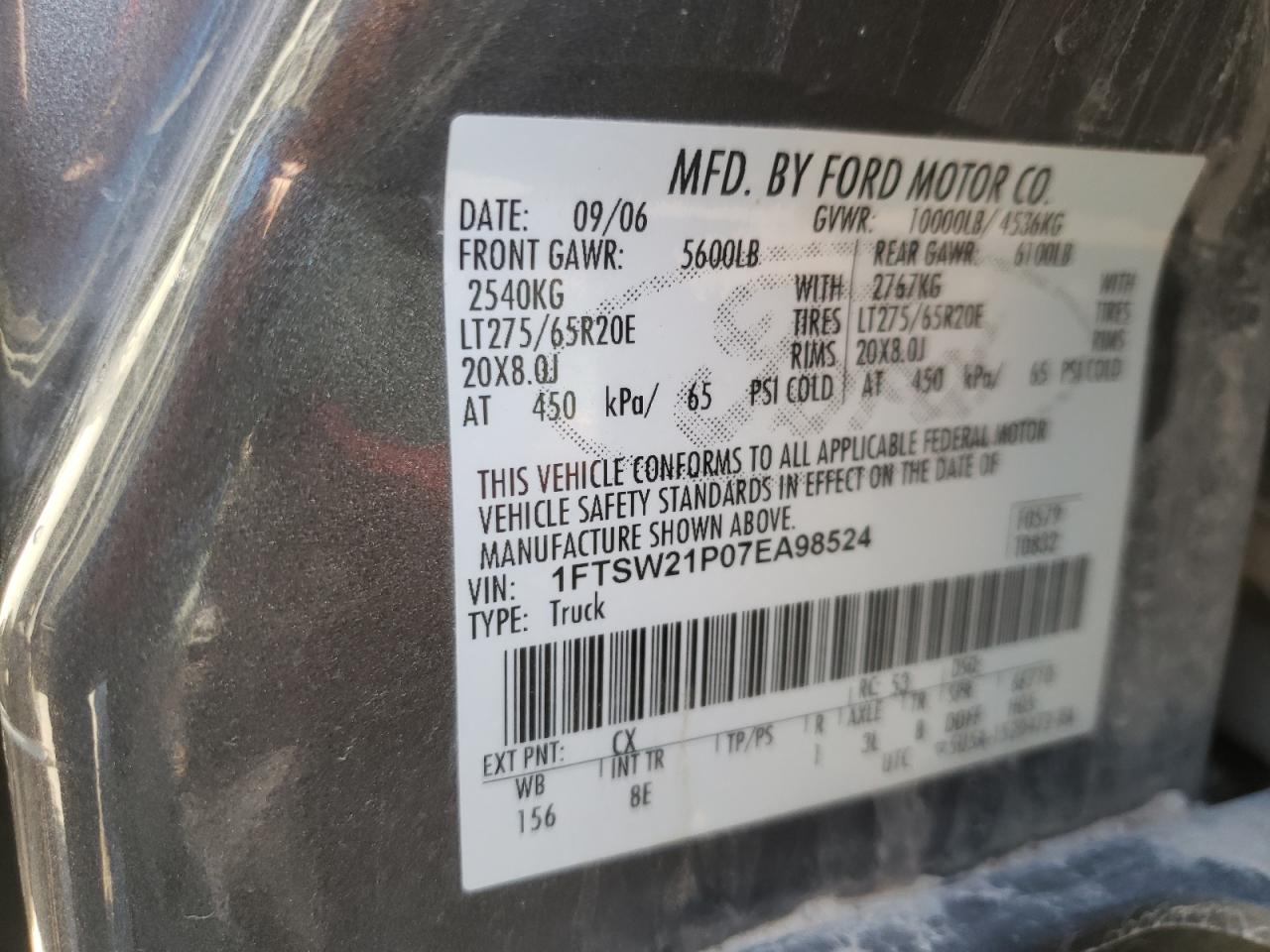 صورة رقم 10 من المزاد - 2007 FORD F250 SUPER مع VIN 1FTSW21P07EA98524