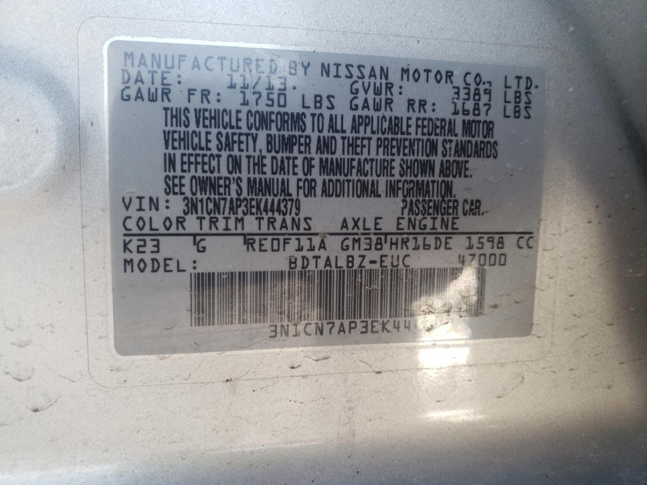 Photo 10 from auction – 2014 NISSAN VERSA S with VIN 3N1CN7AP3EK444379
