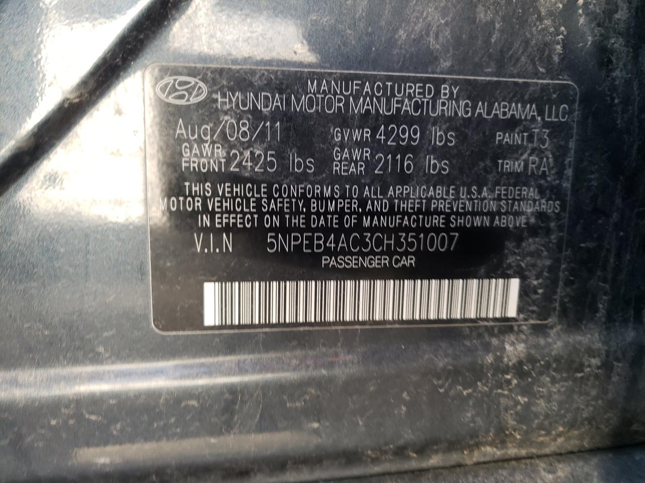 Photo 10 from auction – 2012 HYUNDAI SONATA GLS with VIN 5NPEB4AC3CH351007