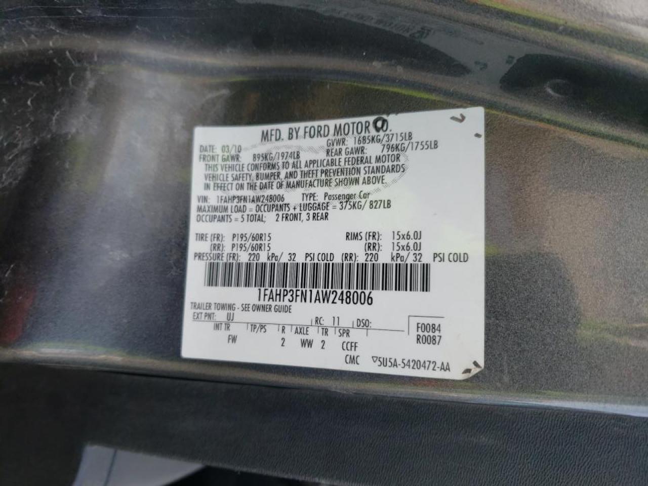 Photo 10 from auction – 2010 FORD FOCUS SE with VIN 1FAHP3FN1AW248006
