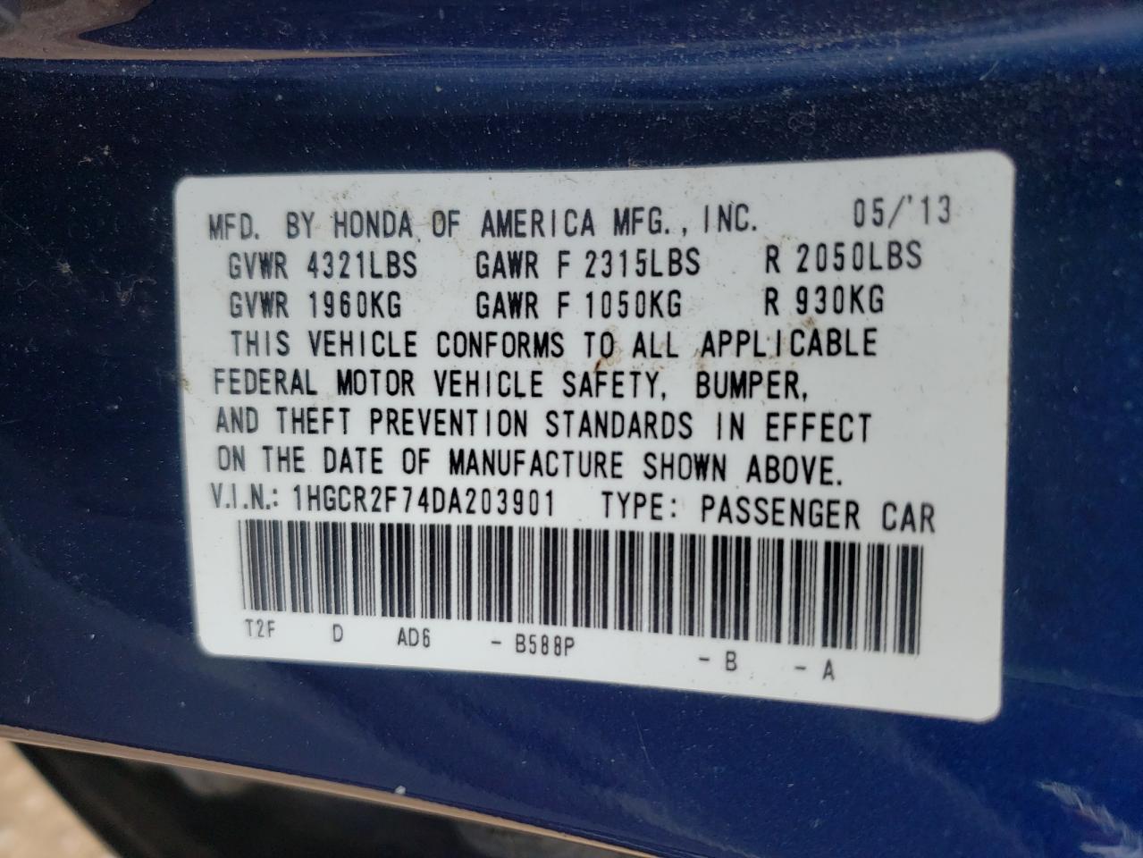 Photo 10 from auction – 2013 HONDA ACCORD EX with VIN 1HGCR2F74DA203901