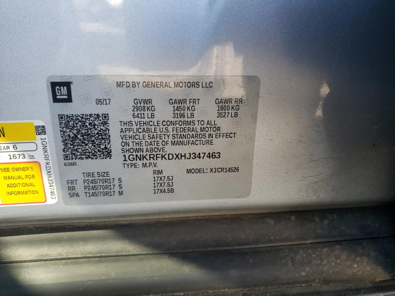 Photo 10 from auction – 2017 CHEVROLET TRAVERSE L with VIN 1GNKRFKDXHJ347463