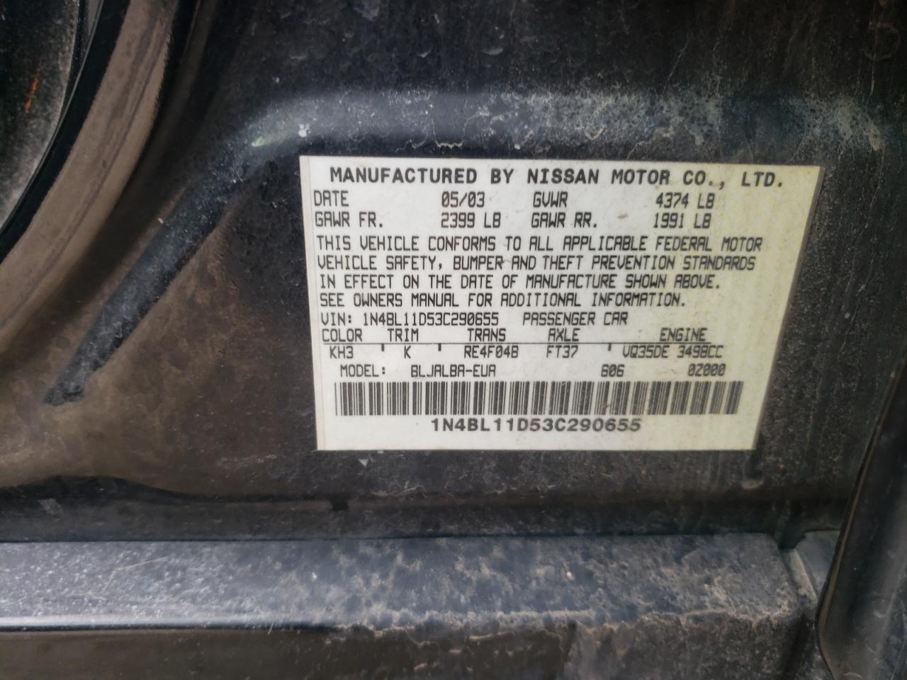 Photo 10 from auction – 2003 NISSAN ALTIMA SE with VIN 1N4BL11D53C290655