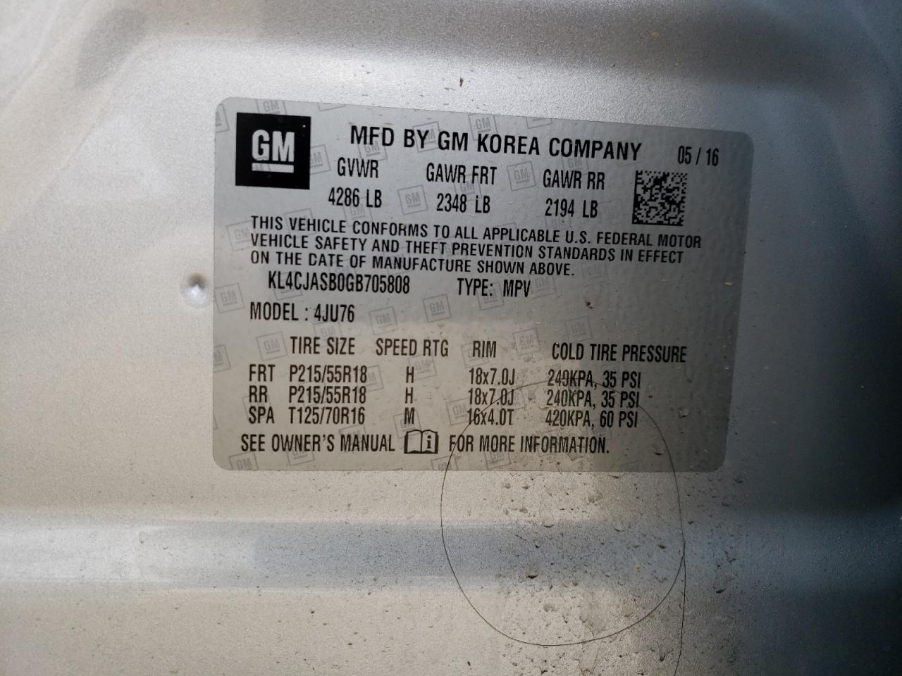 Photo 10 from auction – 2016 BUICK ENCORE with VIN KL4CJASB0GB705808