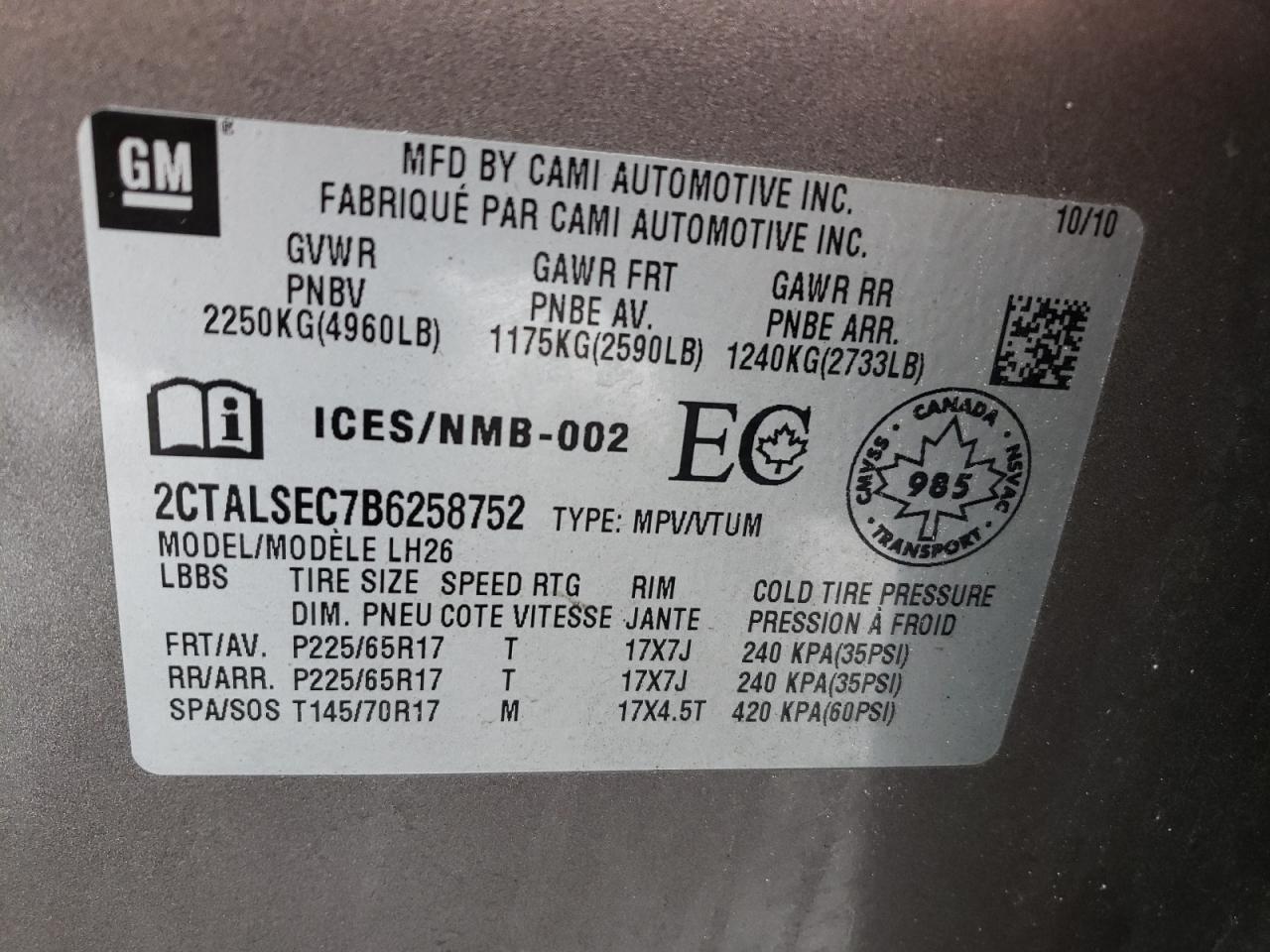 Photo 10 from auction – 2011 GMC TERRAIN SL with VIN 2CTALSEC7B6258752