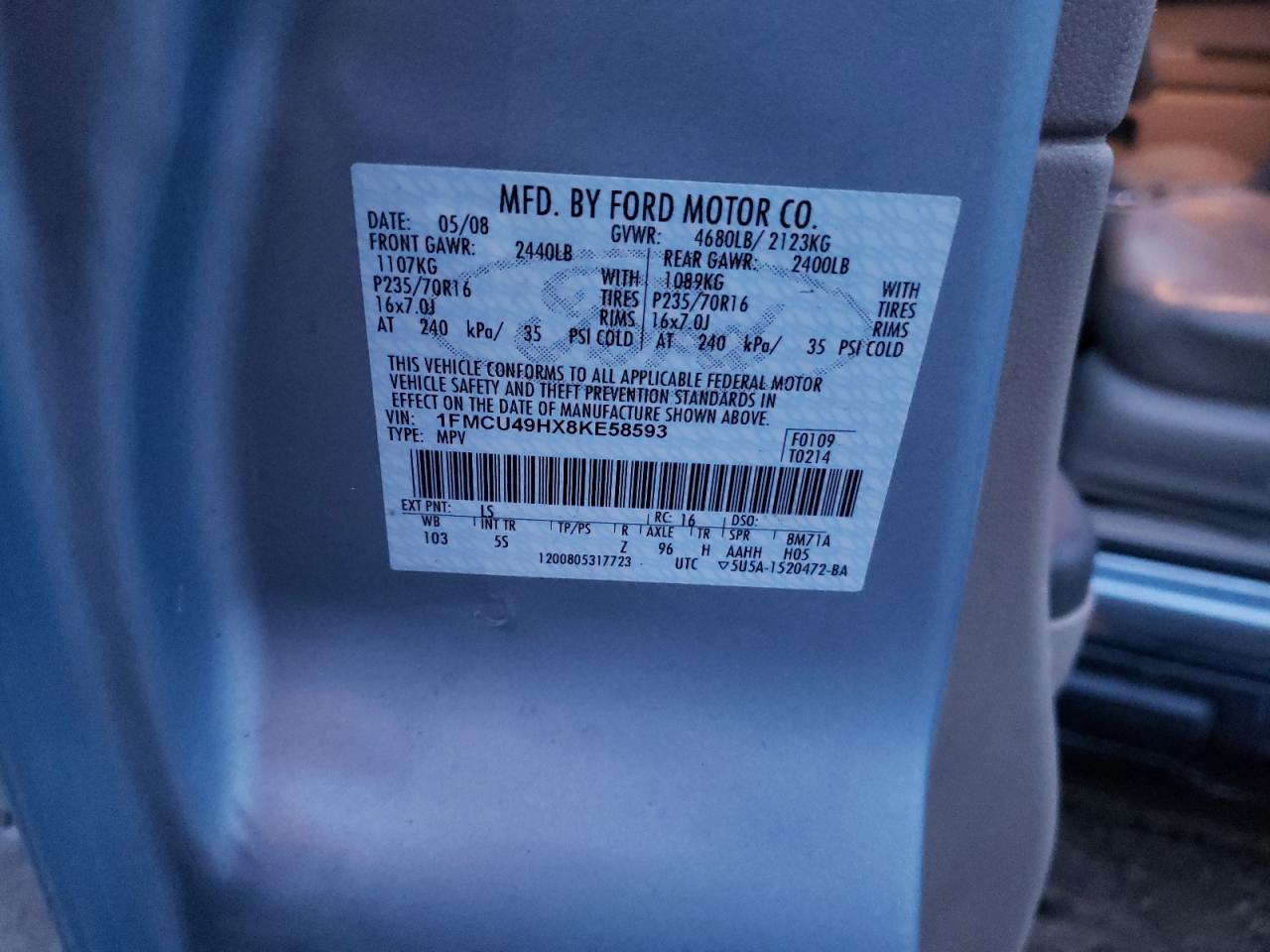 Photo 10 from auction – 2008 FORD ESCAPE HEV with VIN 1FMCU49HX8KE58593