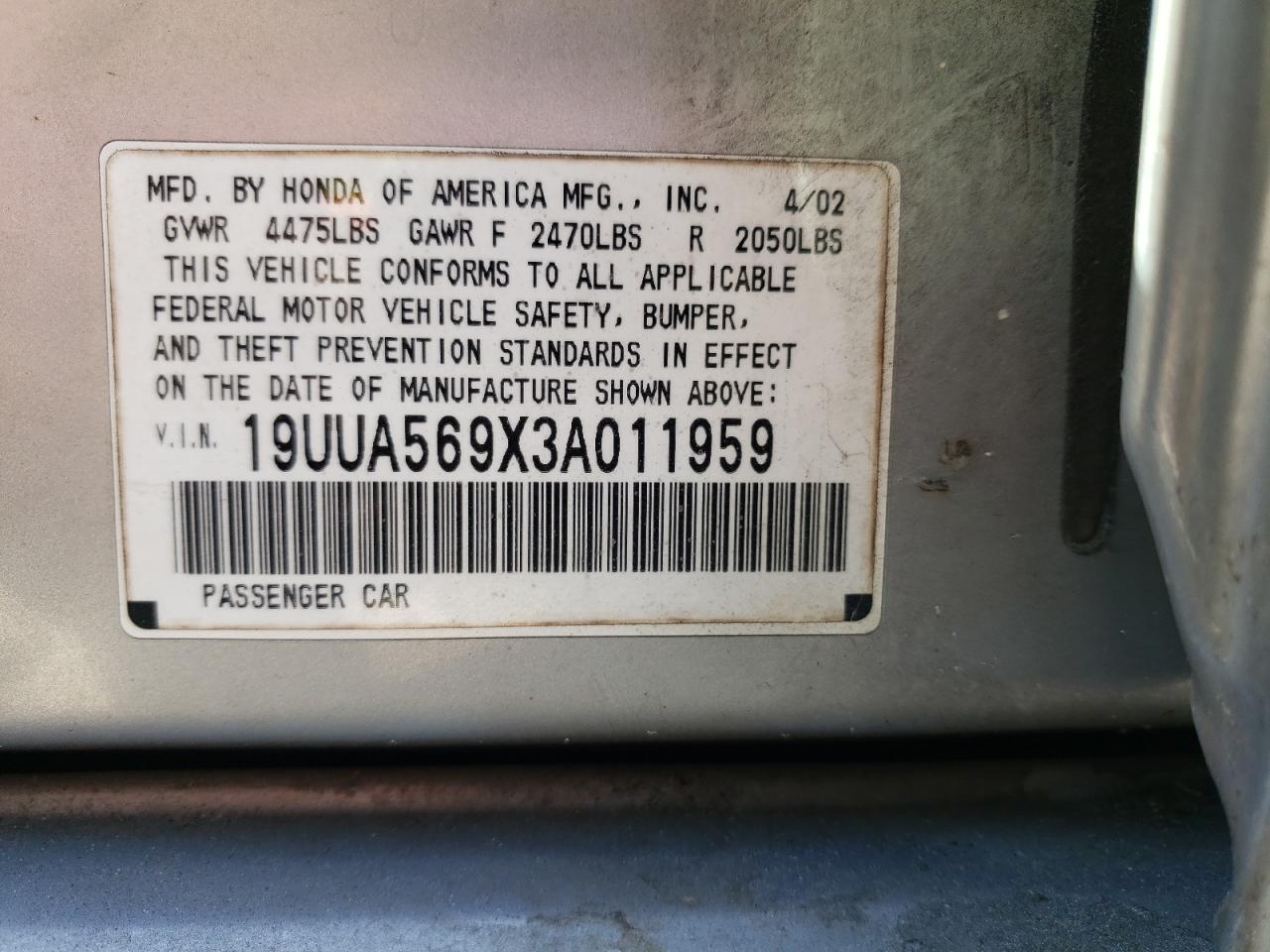 Photo 10 from auction – 2003 ACURA 3.2TL TYPE with VIN 19UUA569X3A011959