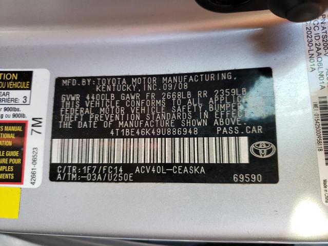 Photo 10 from auction – 2009 TOYOTA CAMRY BASE with VIN 4T1BE46K49U886948