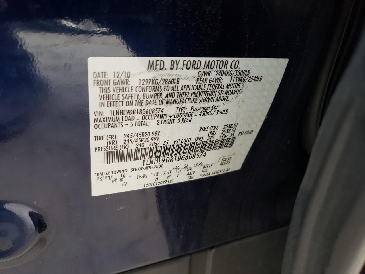 Photo 10 from auction – 2011 LINCOLN MKS with VIN 1LNHL9DR1BG608574