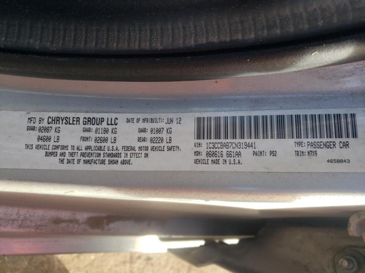 Photo 10 from auction – 2012 CHRYSLER 200 LX with VIN 1C3CCBAB7CN319441