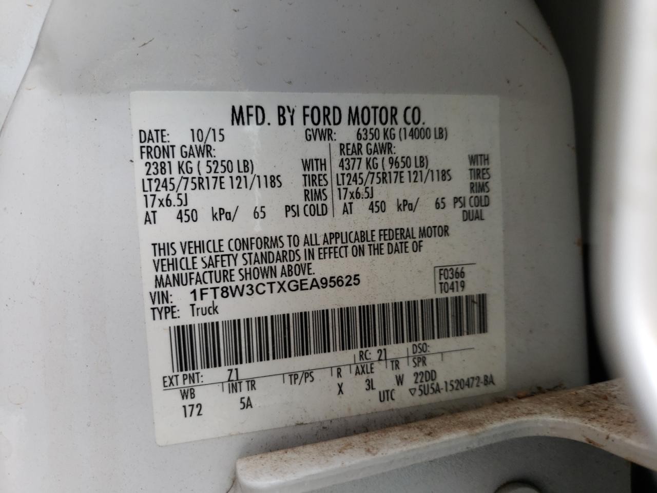 Photo 10 from auction – 2016 FORD F350 SUPER with VIN 1FT8W3CTXGEA95625