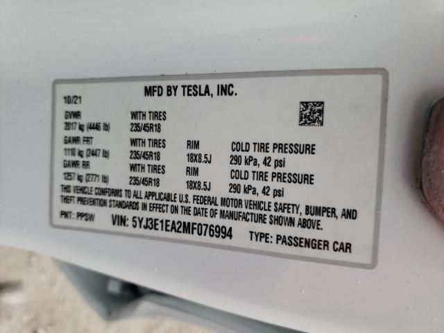 Photo 10 from auction – 2021 TESLA MODEL 3 with VIN 5YJ3E1EA2MF076994