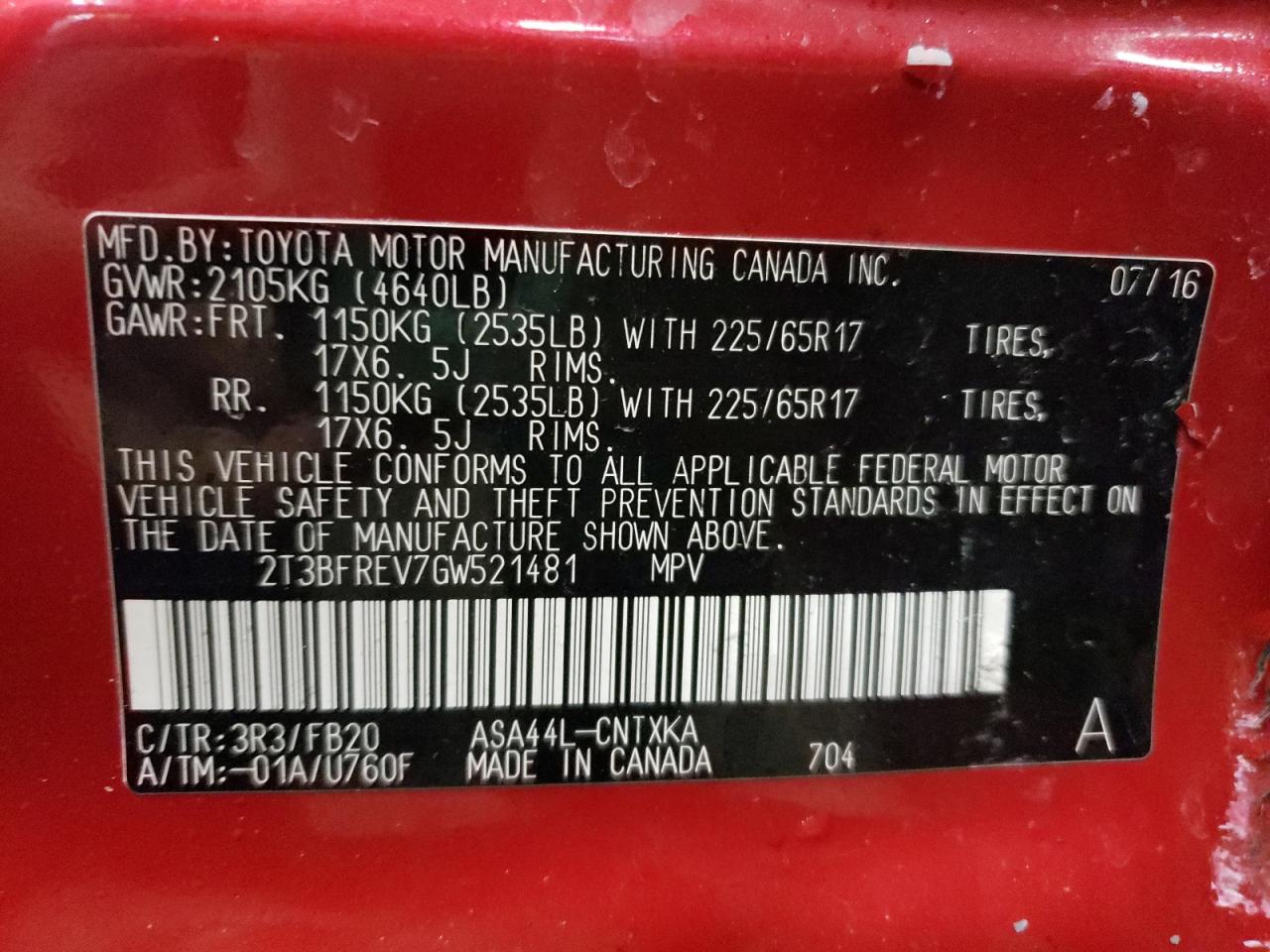 Photo 10 from auction – 2016 TOYOTA RAV4 LE with VIN 2T3BFREV7GW521481