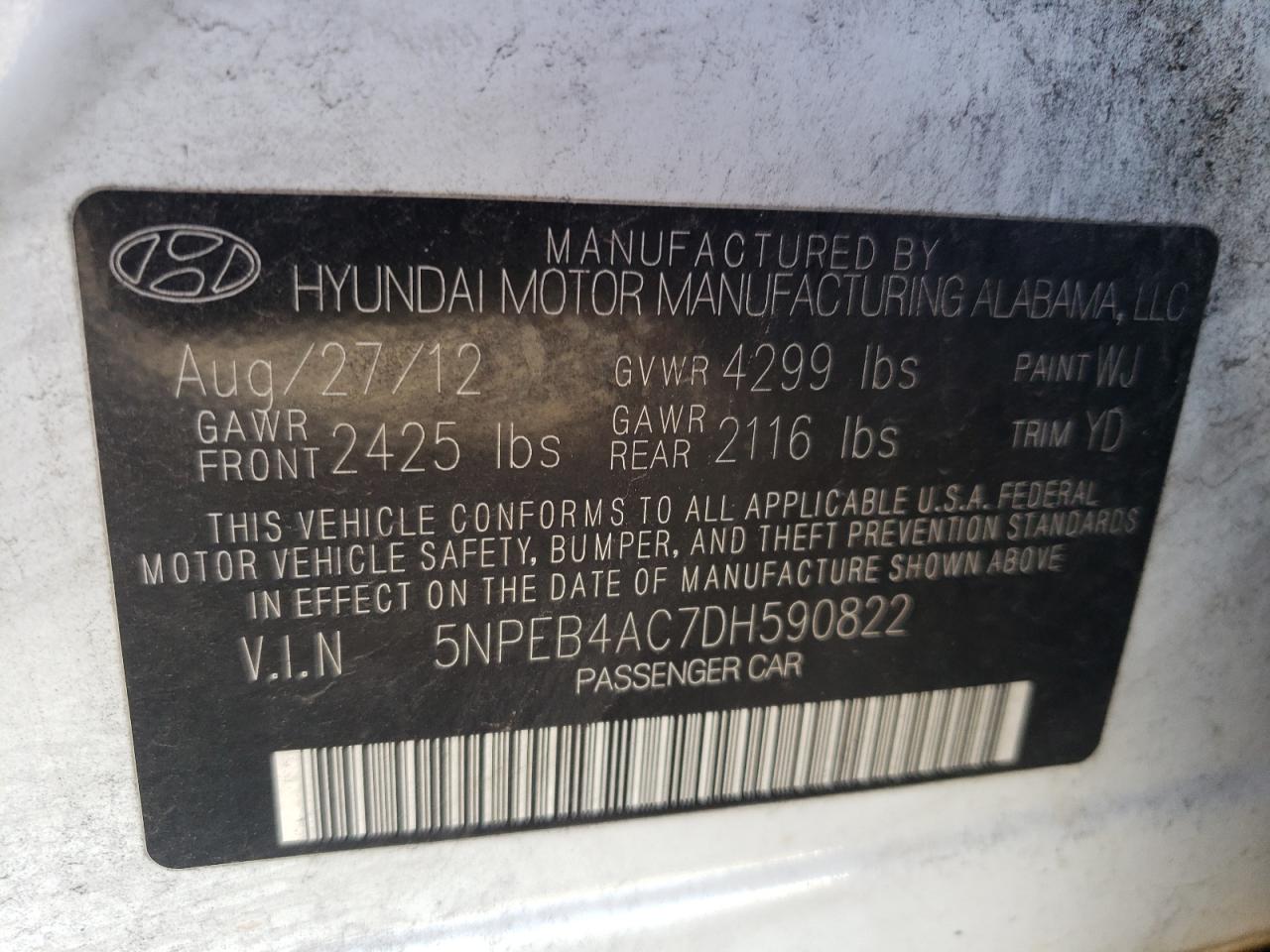 Photo 10 from auction – 2013 HYUNDAI SONATA GLS with VIN 5NPEB4AC7DH590822