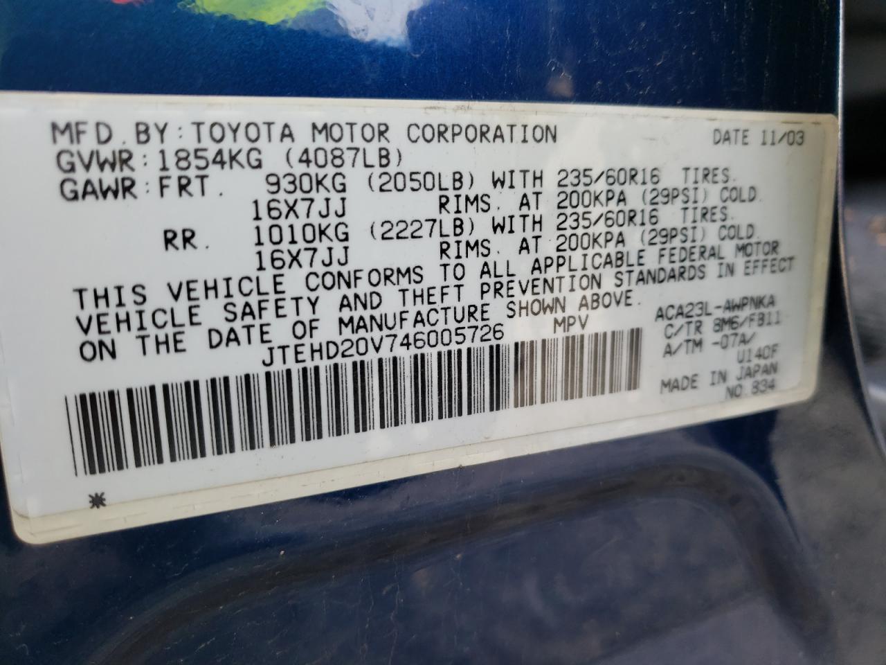 Photo 10 from auction – 2004 TOYOTA RAV4 with VIN JTEHD20V746005726