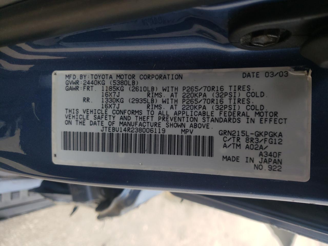 Photo 10 from auction – 2003 TOYOTA 4RUNNER SR with VIN JTEBU14R238006119