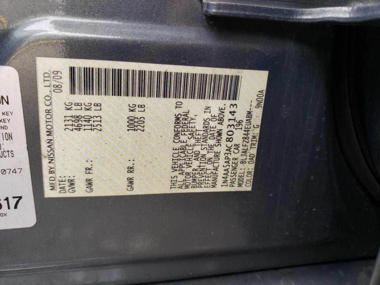 Photo 10 from auction – 2010 NISSAN MAXIMA S with VIN 1N4AA5AP3AC803143