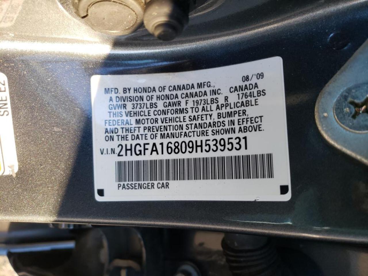 Photo 10 from auction – 2009 HONDA CIVIC EX with VIN 2HGFA16809H539531