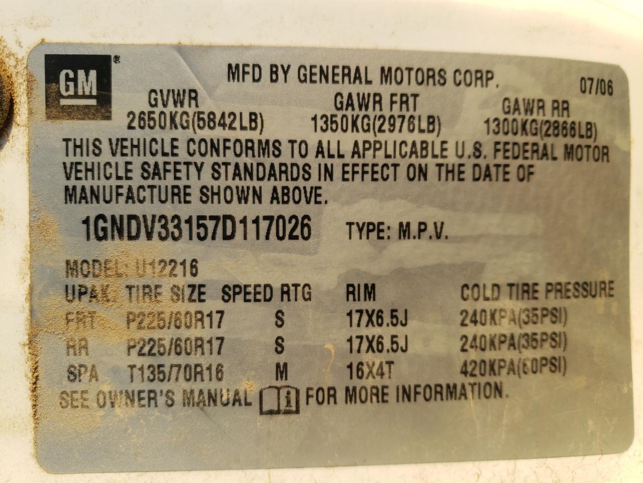 Photo 10 from auction – 2007 CHEVROLET UPLANDER L with VIN 1GNDV33157D117026