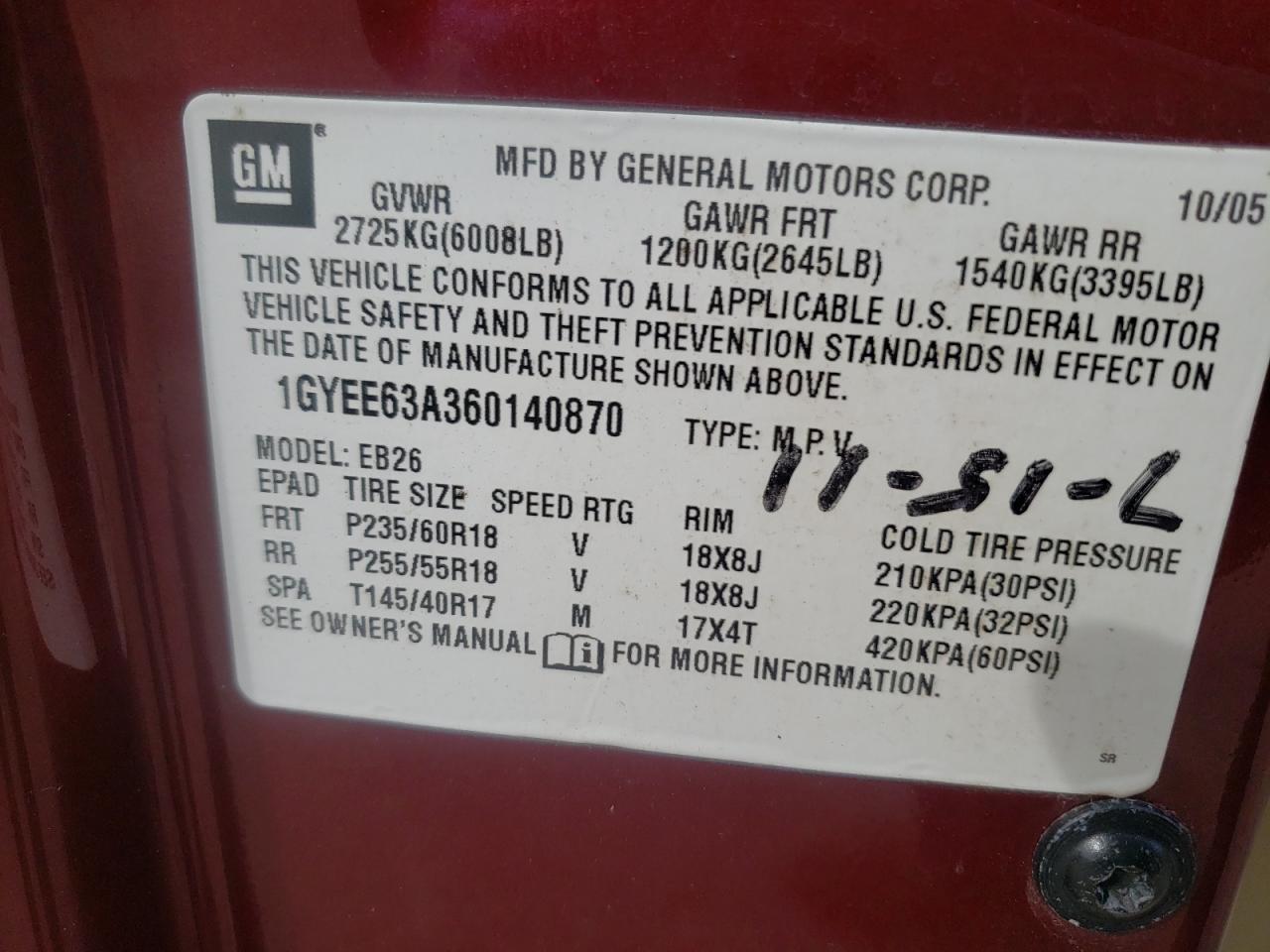 Photo 10 from auction – 2006 CADILLAC SRX with VIN 1GYEE63A360140870