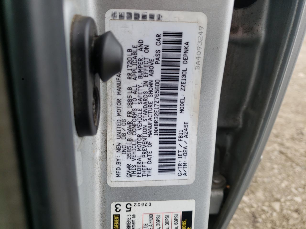 Photo 10 from auction – 2007 TOYOTA COROLLA CE with VIN 1NXBR32E17Z765600