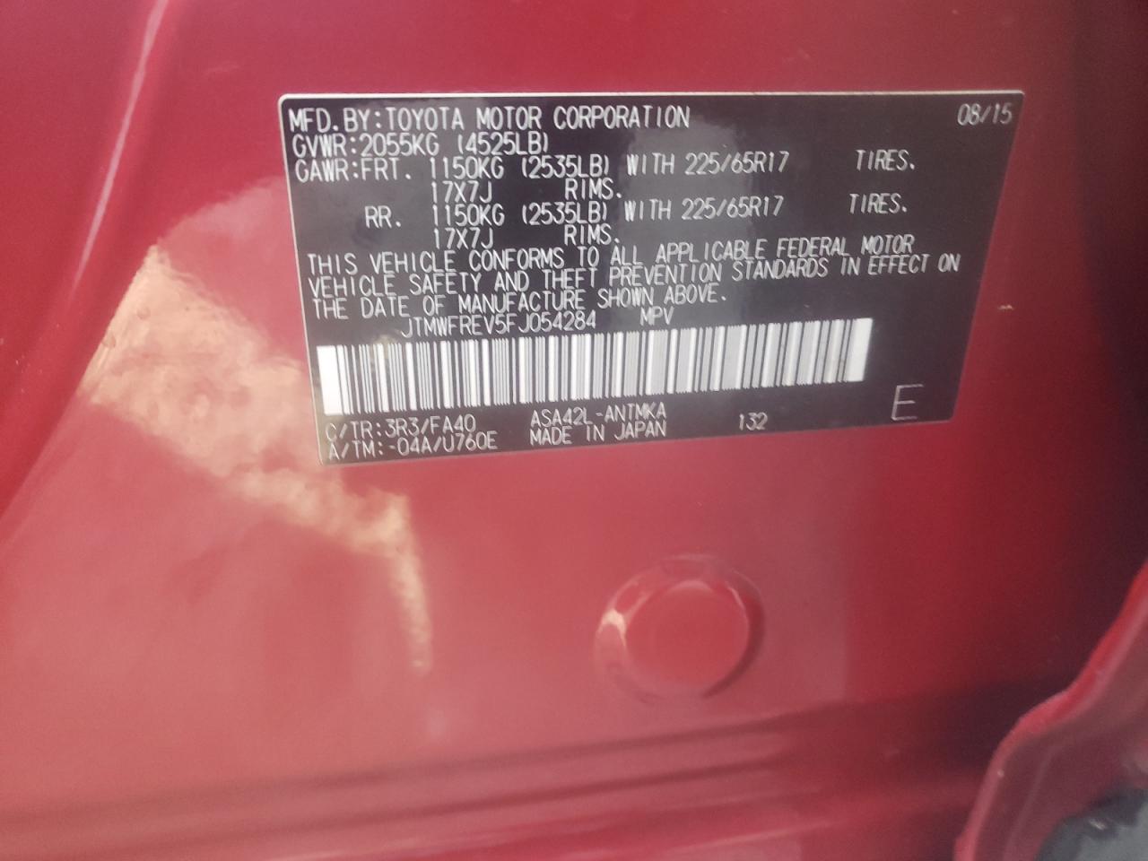 Photo 10 from auction – 2015 TOYOTA RAV4 XLE with VIN JTMWFREV5FJ054284