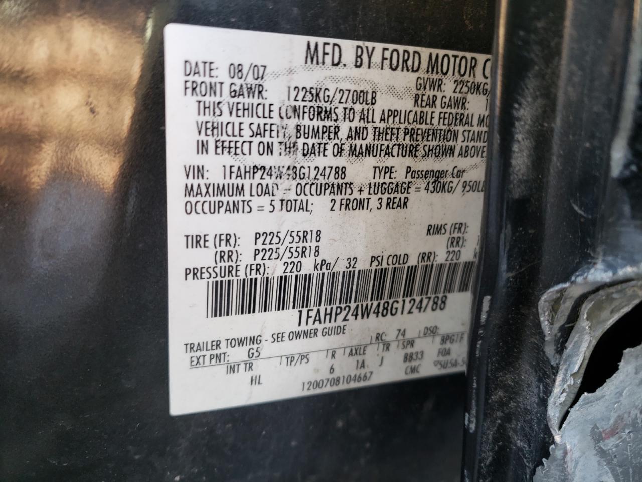 Photo 10 from auction – 2008 FORD TAURUS SEL with VIN 1FAHP24W48G124788