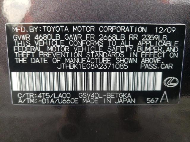Photo 10 from auction – 2010 LEXUS ES 350 with VIN JTHBK1EG8A2371085