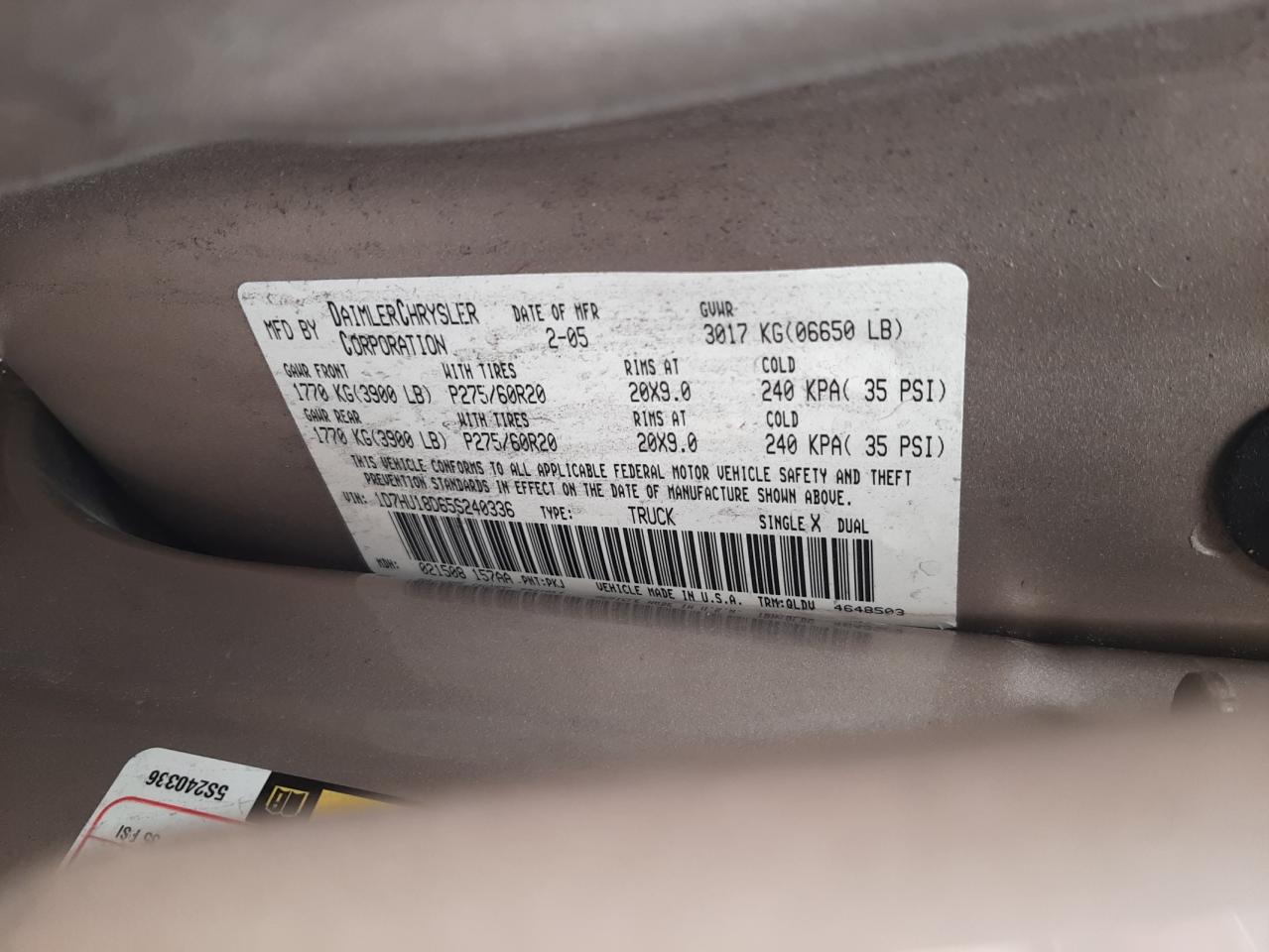 Photo 10 from auction – 2005 DODGE RAM 1500 S with VIN 1D7HU18D65S240336
