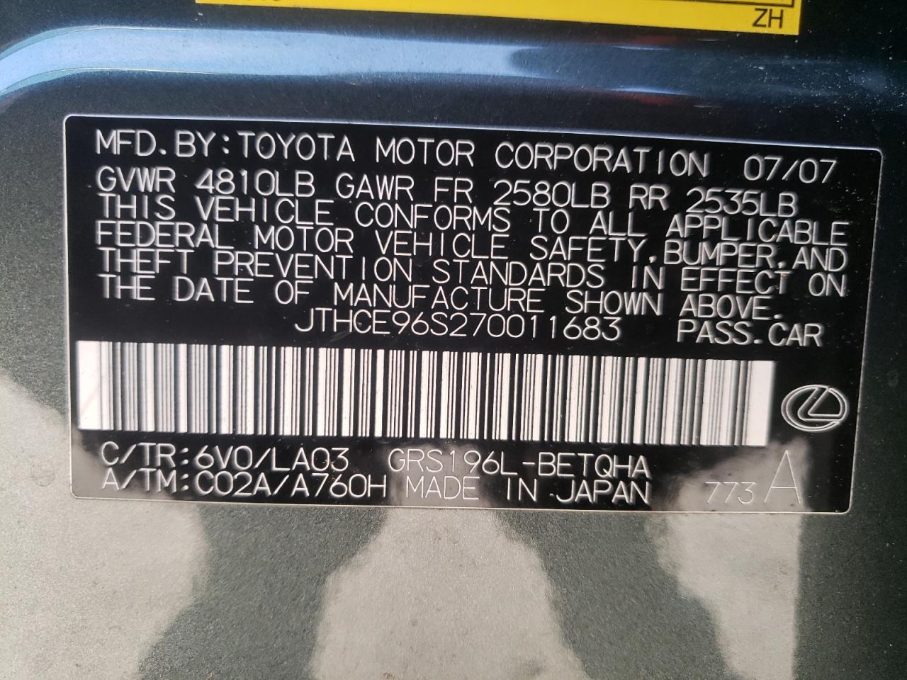Photo 10 from auction – 2007 LEXUS GS 350 with VIN JTHCE96S270011683