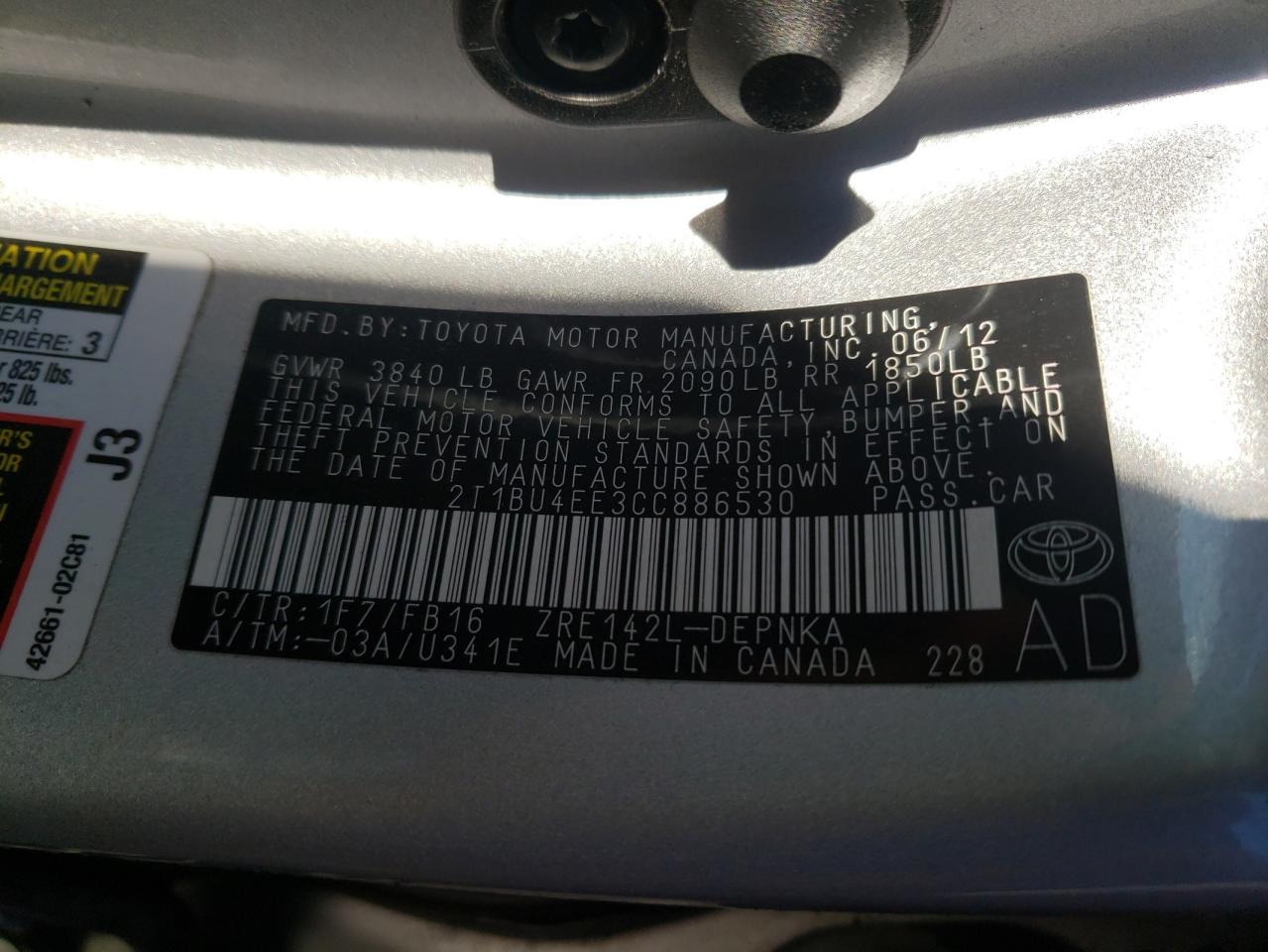 Photo 10 from auction – 2012 TOYOTA COROLLA BA with VIN 2T1BU4EE3CC886530