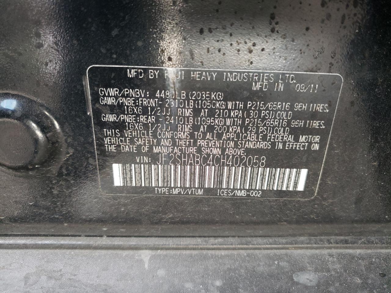 Photo 10 from auction – 2012 SUBARU FORESTER 2 with VIN JF2SHABC4CH402058