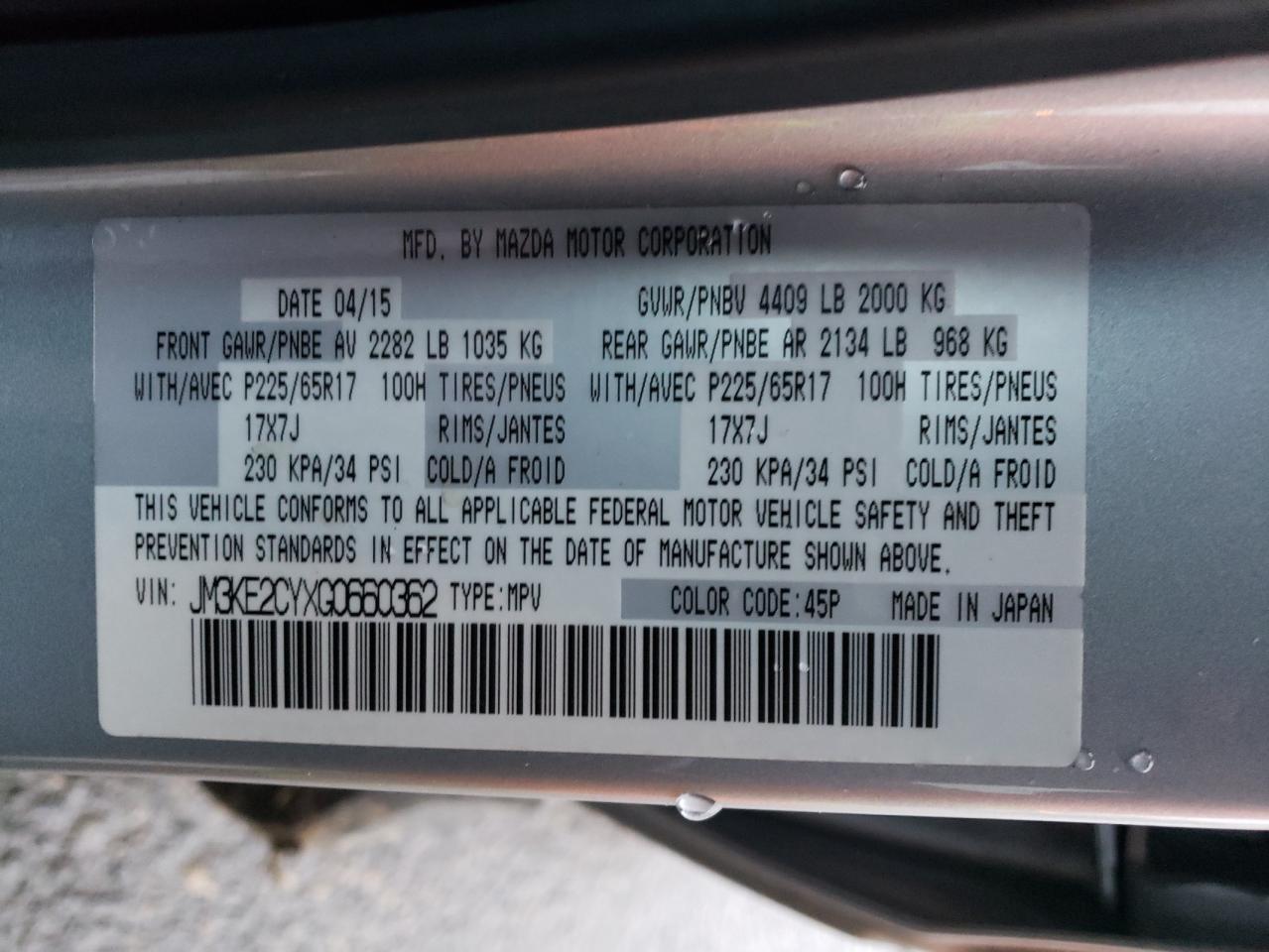 Photo 10 from auction – 2016 MAZDA CX-5 TOURI with VIN JM3KE2CYXG0660362