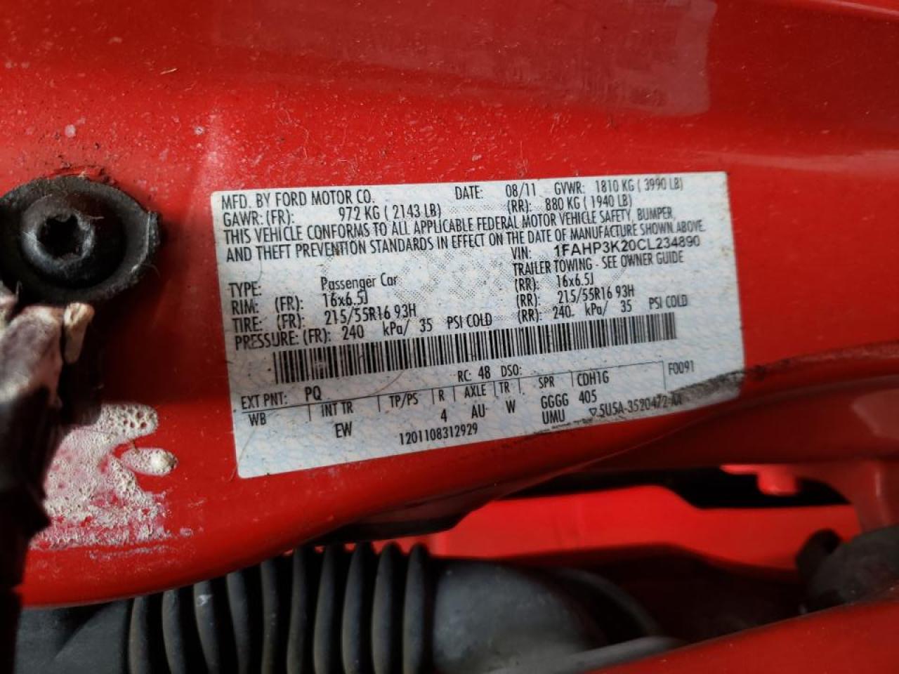 Photo 10 from auction – 2012 FORD FOCUS SE with VIN 1FAHP3K20CL234890