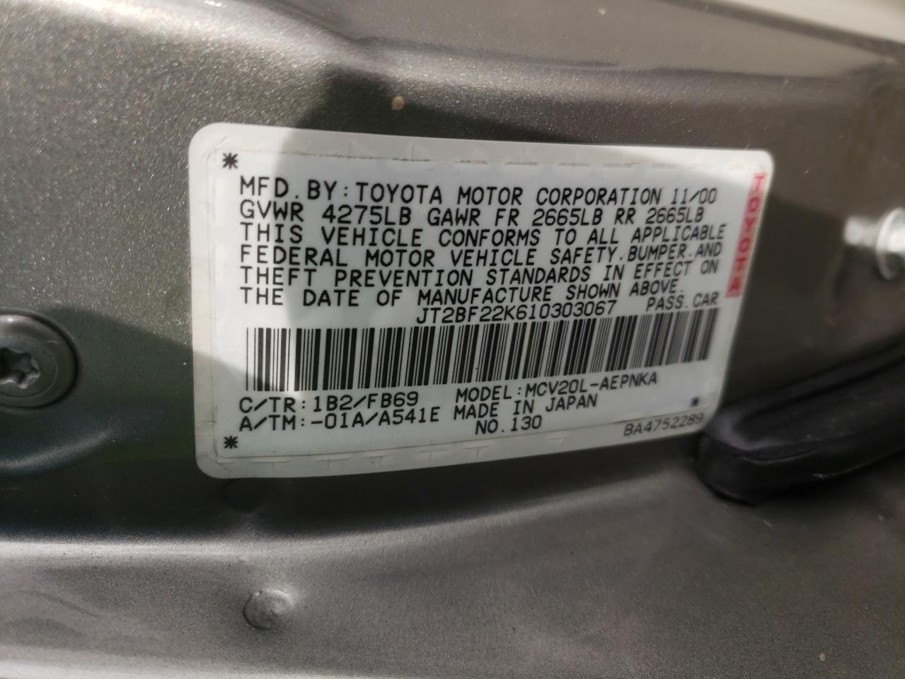 Photo 10 from auction – 2001 TOYOTA CAMRY CE with VIN JT2BF22K610303067