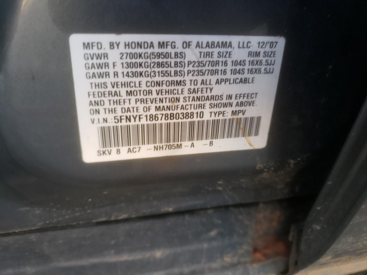Photo 10 from auction – 2008 HONDA PILOT EXL with VIN 5FNYF18678B038810