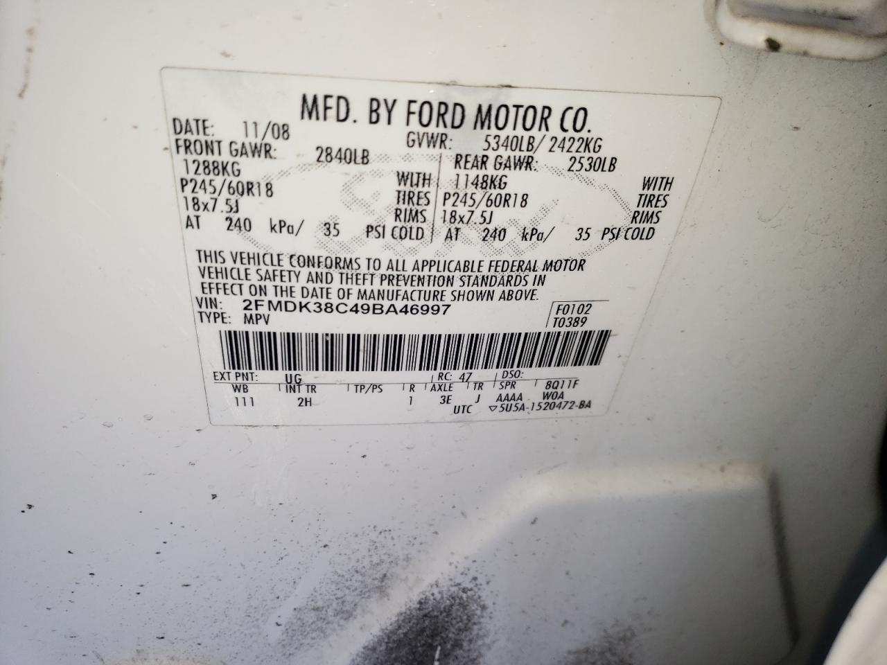 Photo 10 from auction – 2009 FORD EDGE SEL with VIN 2FMDK38C49BA46997