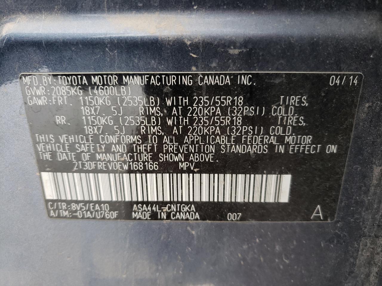 Photo 10 from auction – 2014 TOYOTA RAV4 LIMIT with VIN 2T3DFREV0EW168166