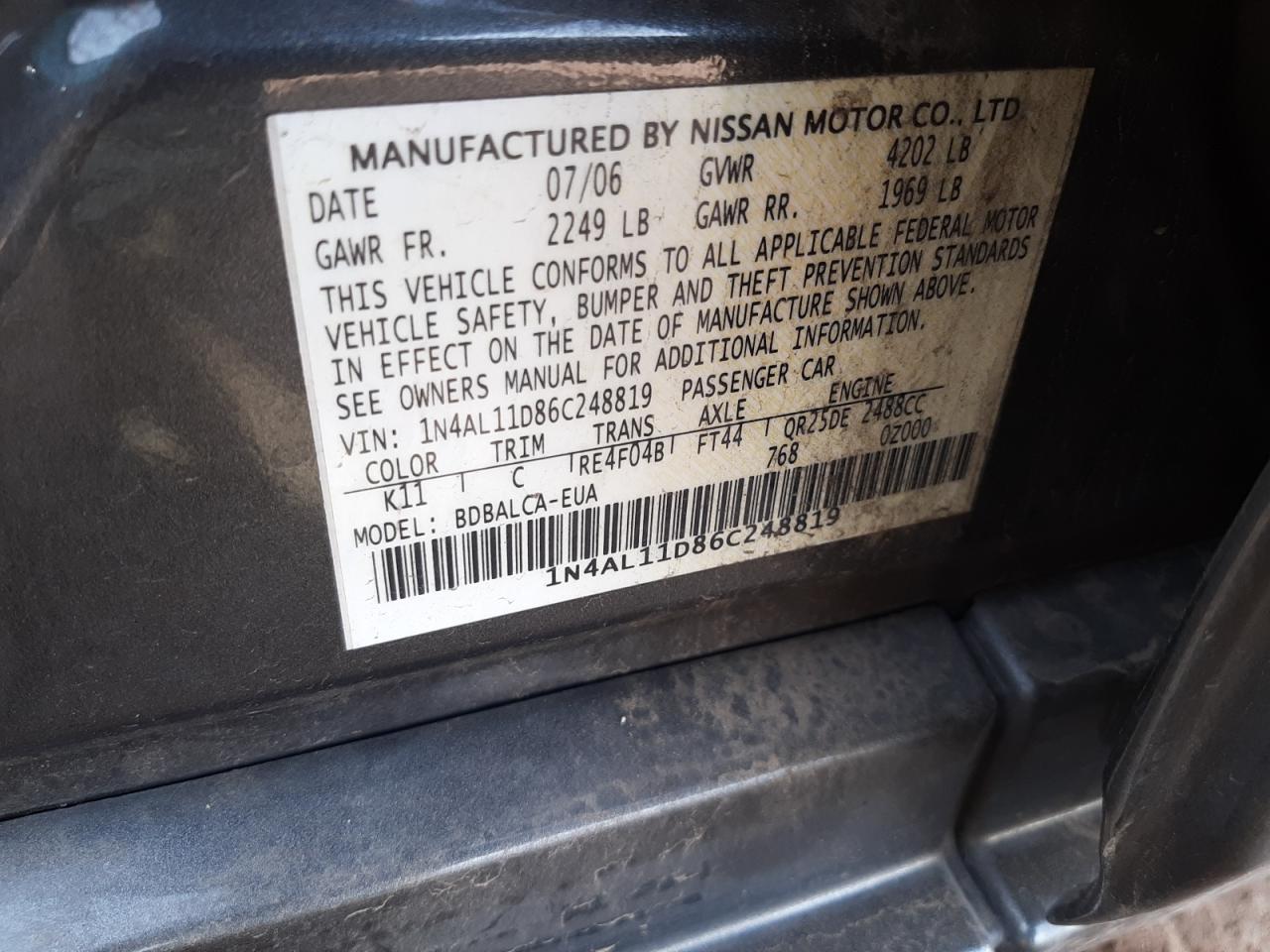 Photo 10 from auction – 2006 NISSAN ALTIMA S with VIN 1N4AL11D86C248819