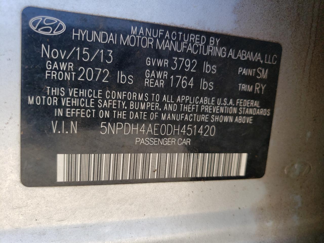 Photo 10 from auction – 2013 HYUNDAI ELANTRA with VIN 5NPDH4AE0DH451420