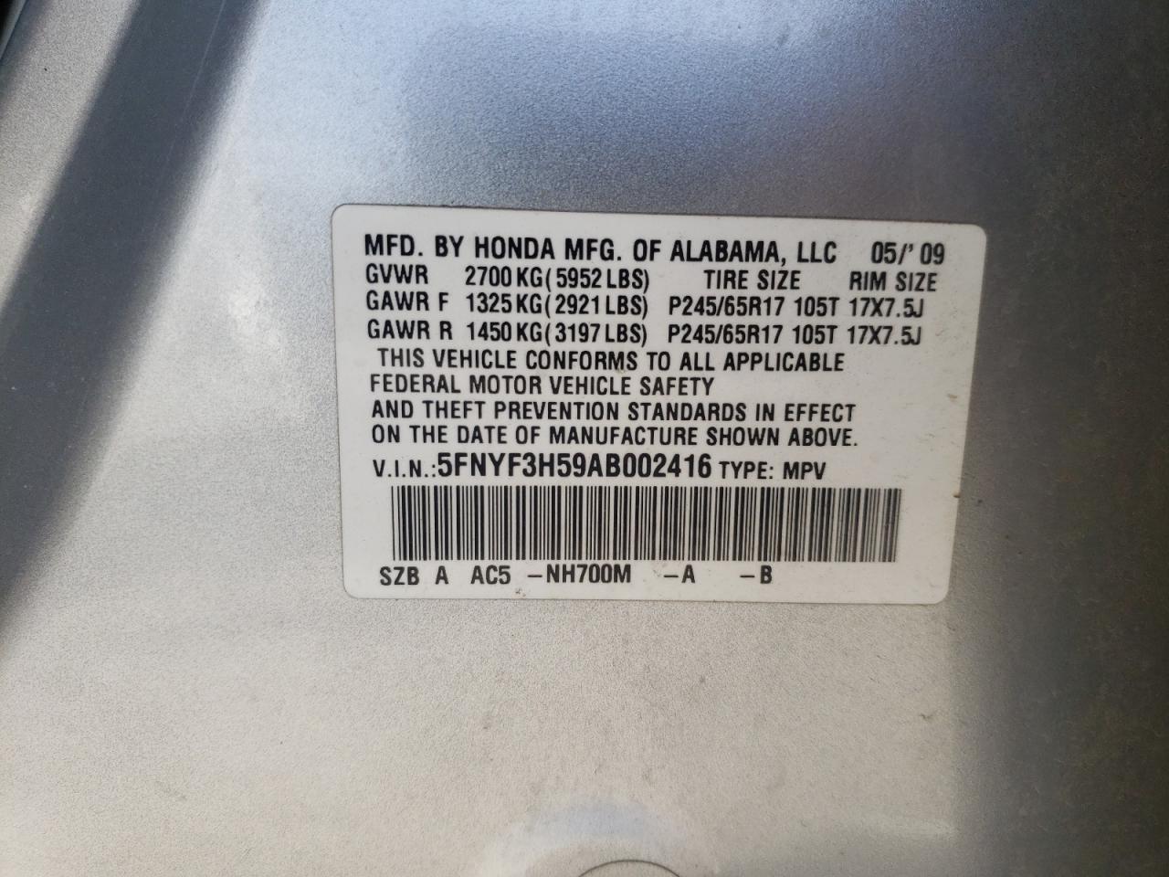 Photo 10 from auction – 2010 HONDA PILOT EXL with VIN 5FNYF3H59AB002416