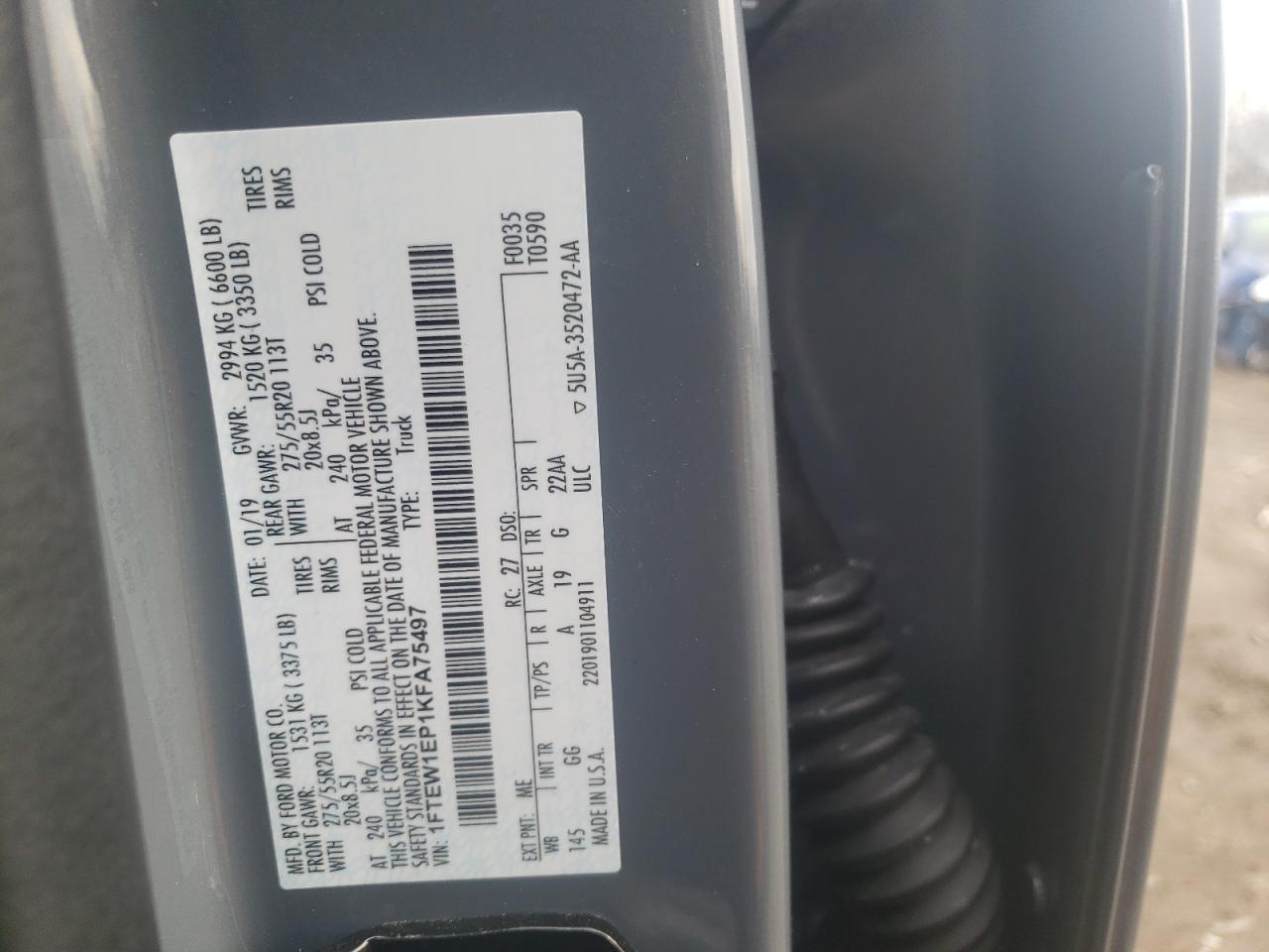 Photo 10 from auction – 2019 FORD F150 SUPER with VIN 1FTEW1EP1KFA75497