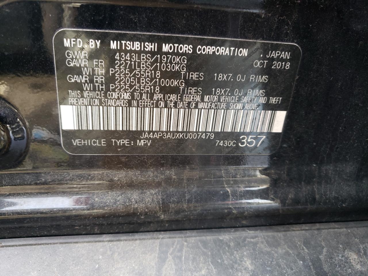 Photo 10 from auction – 2019 MITSUBISHI OUTLANDER with VIN JA4AP3AUXKU007479