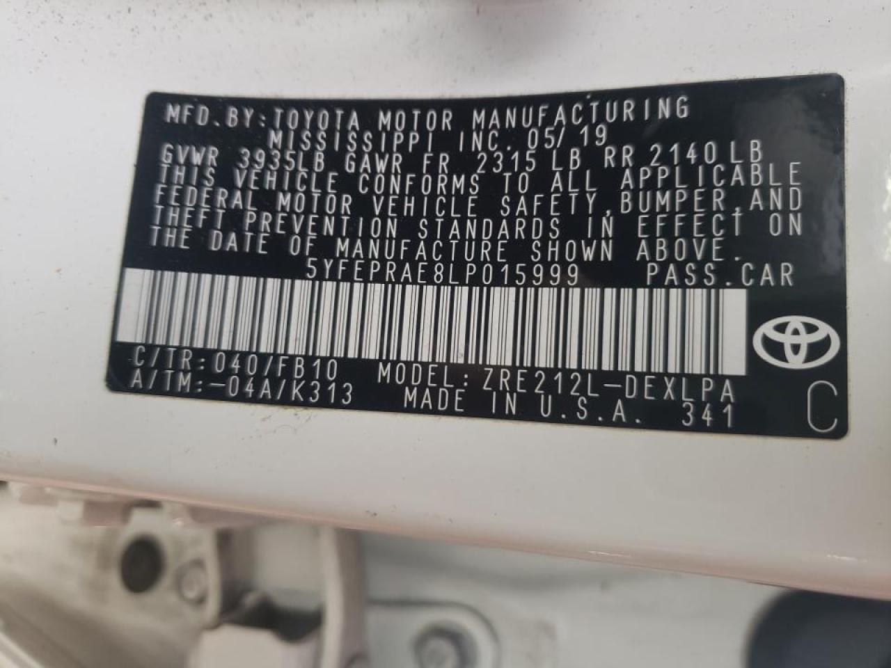 Photo 10 from auction – 2020 TOYOTA COROLLA LE with VIN 5YFEPRAE8LP015999
