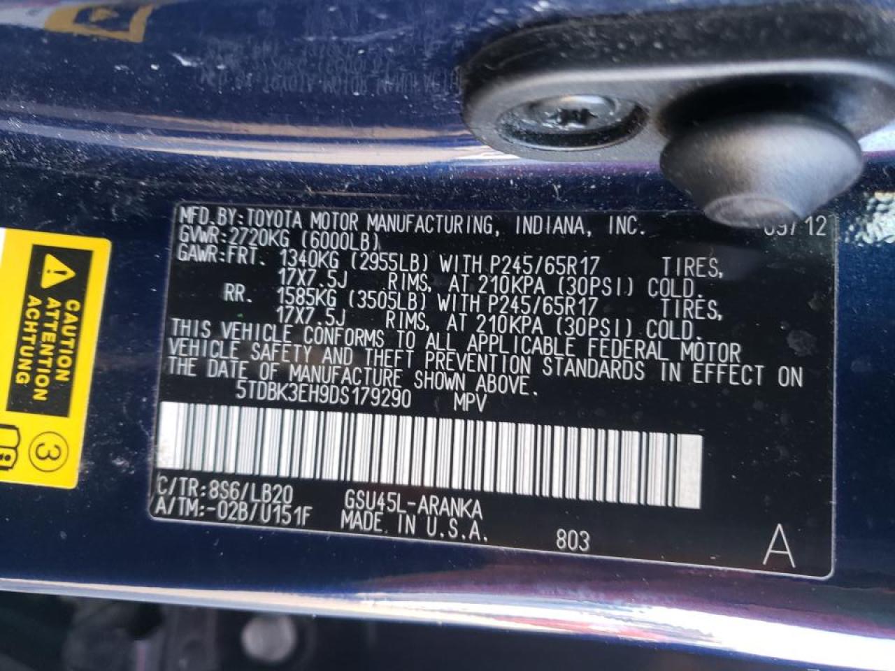Photo 10 from auction – 2013 TOYOTA HIGHLANDER with VIN 5TDBK3EH9DS179290