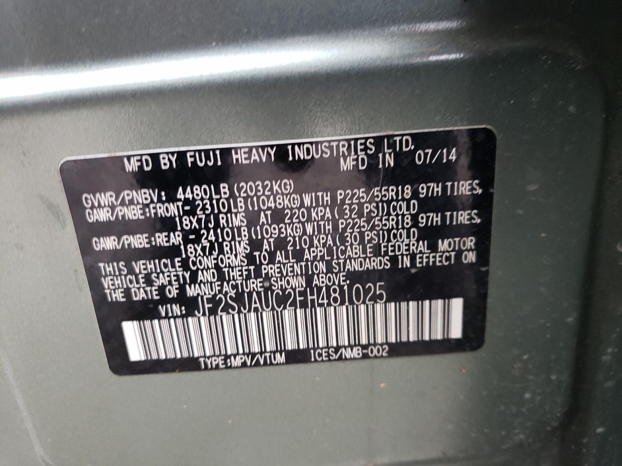 Photo 10 from auction – 2015 SUBARU FORESTER 2 with VIN JF2SJAUC2FH481025