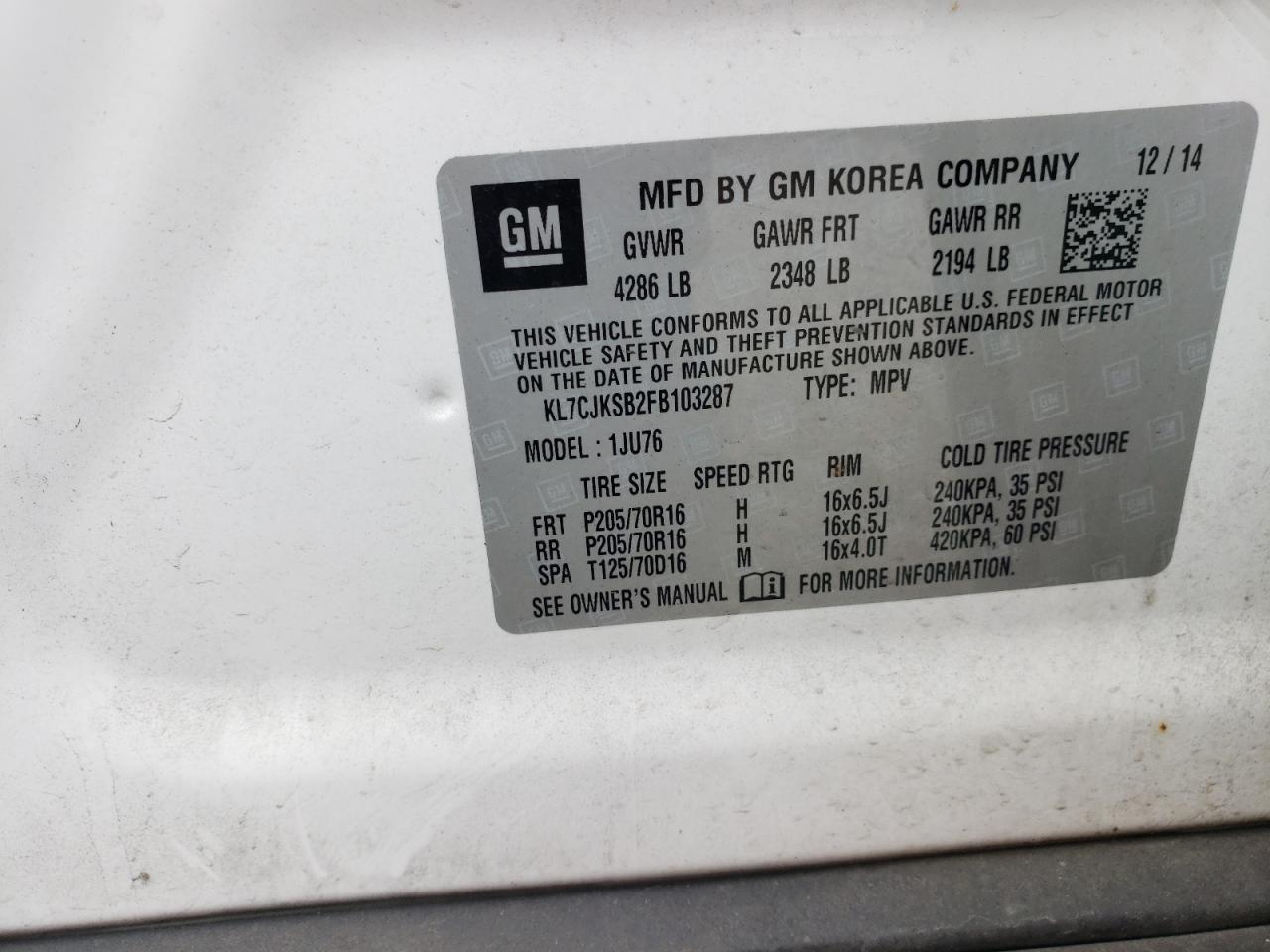 Photo 10 from auction – 2015 CHEVROLET TRAX LS with VIN KL7CJKSB2FB103287