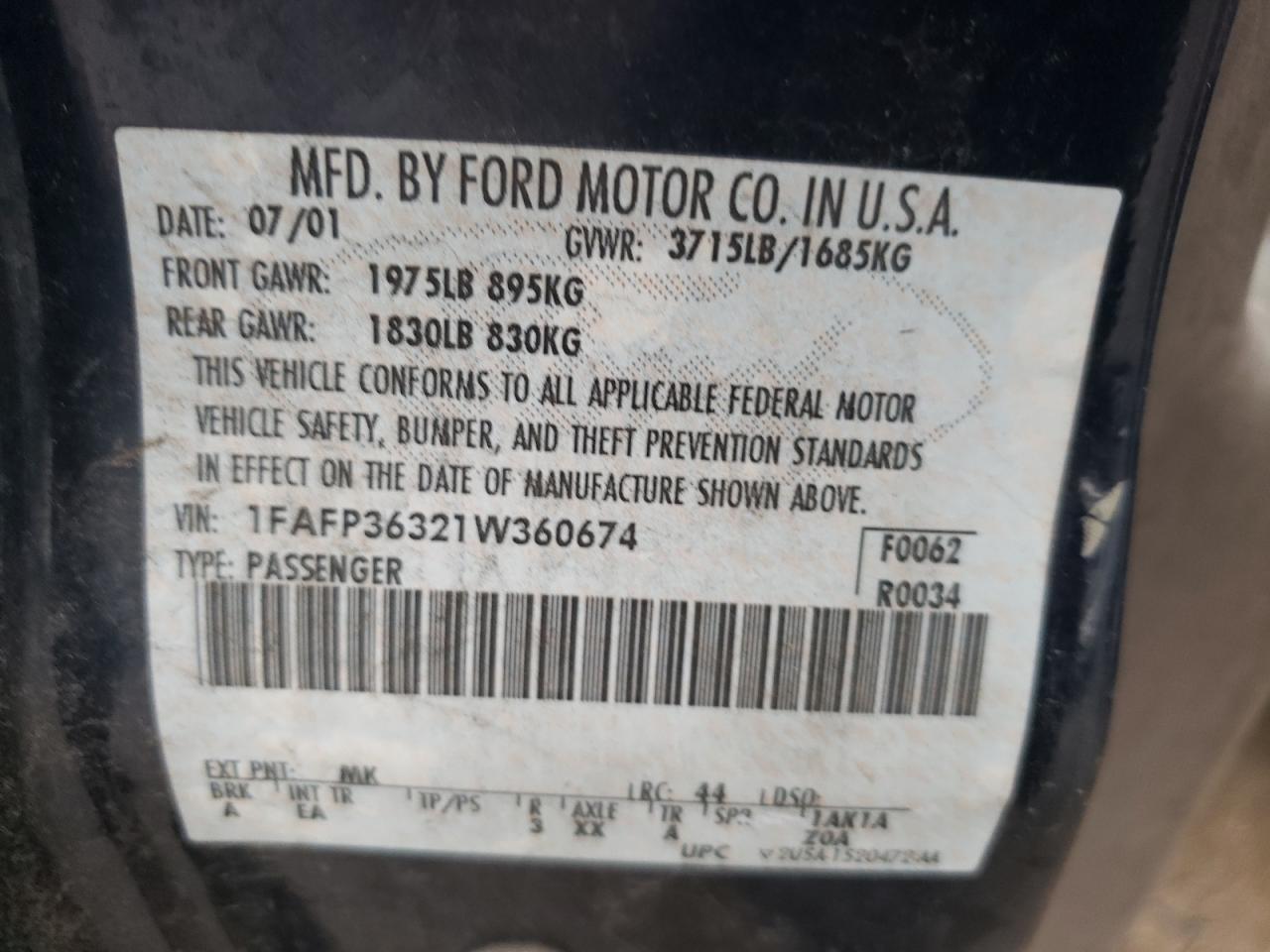 Photo 10 from auction – 2001 FORD FOCUS SE with VIN 1FAFP36321W360674