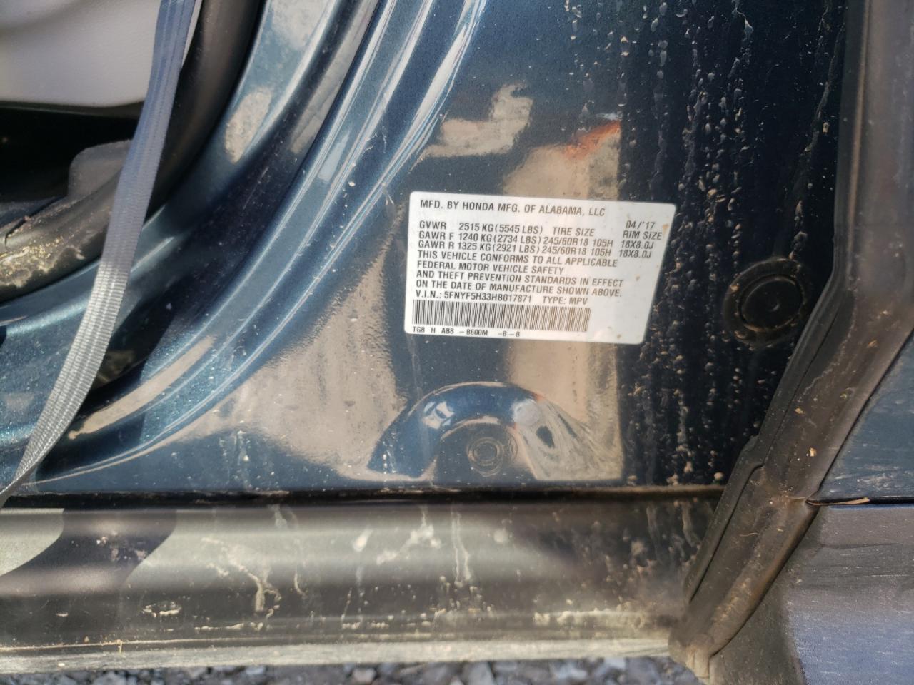Photo 10 from auction – 2017 HONDA PILOT EX with VIN 5FNYF5H33HB017871