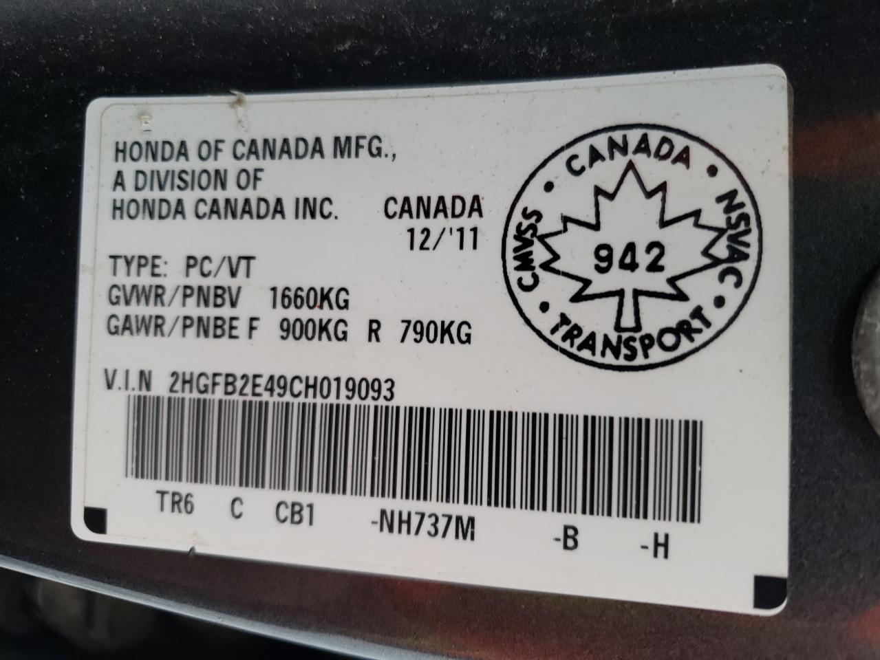 Photo 10 from auction – 2012 HONDA CIVIC LX with VIN 2HGFB2E49CH019093